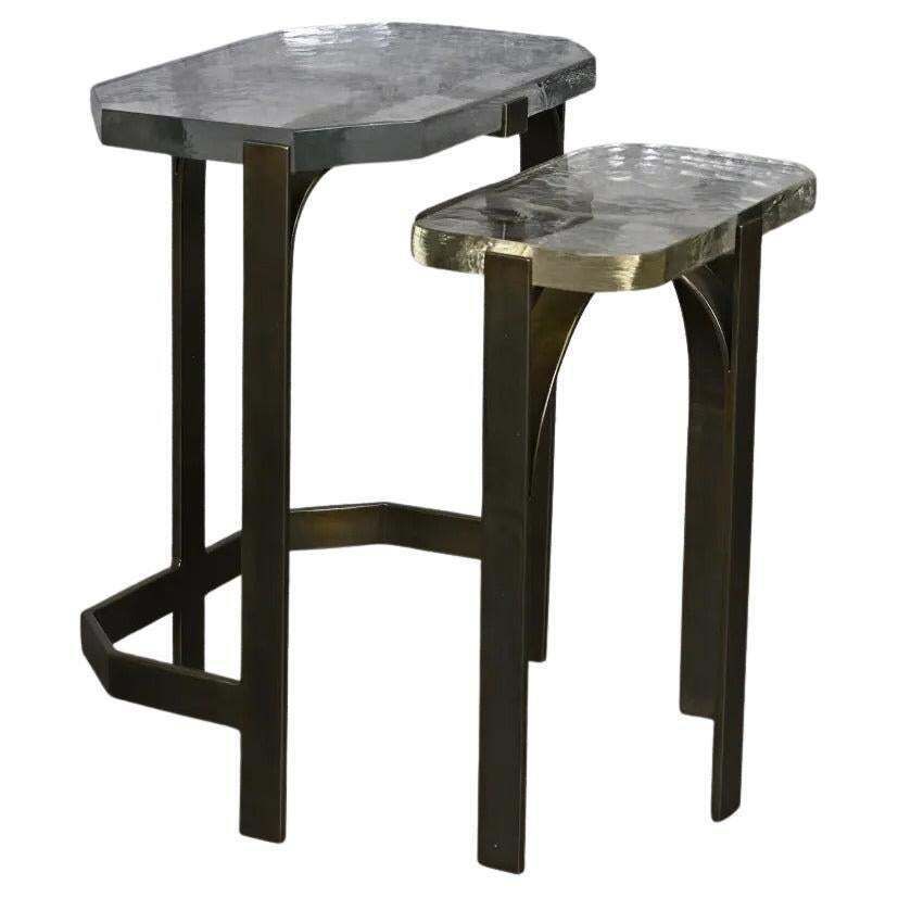 Brutalist Glass Nesting Tables In Patinated Steel, 1950s Inspired