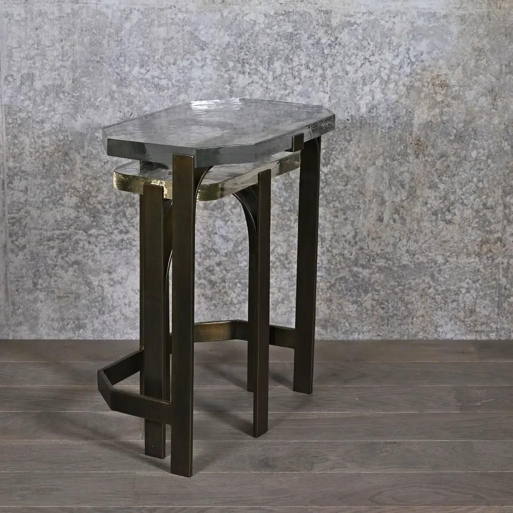 Brutalist Glass Nesting Tables In Patinated Steel, 1950s Inspired photo for sale