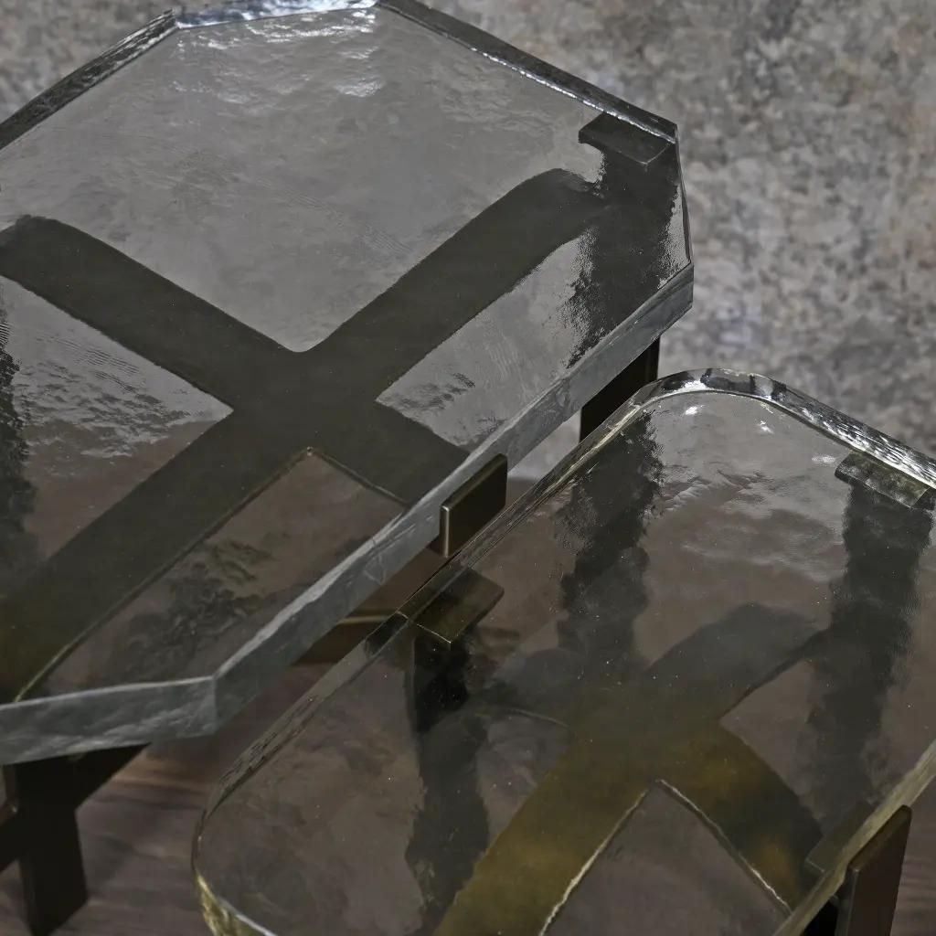 Brutalist Glass Nesting Tables In Patinated Steel, 1950s Inspired photo Furniture