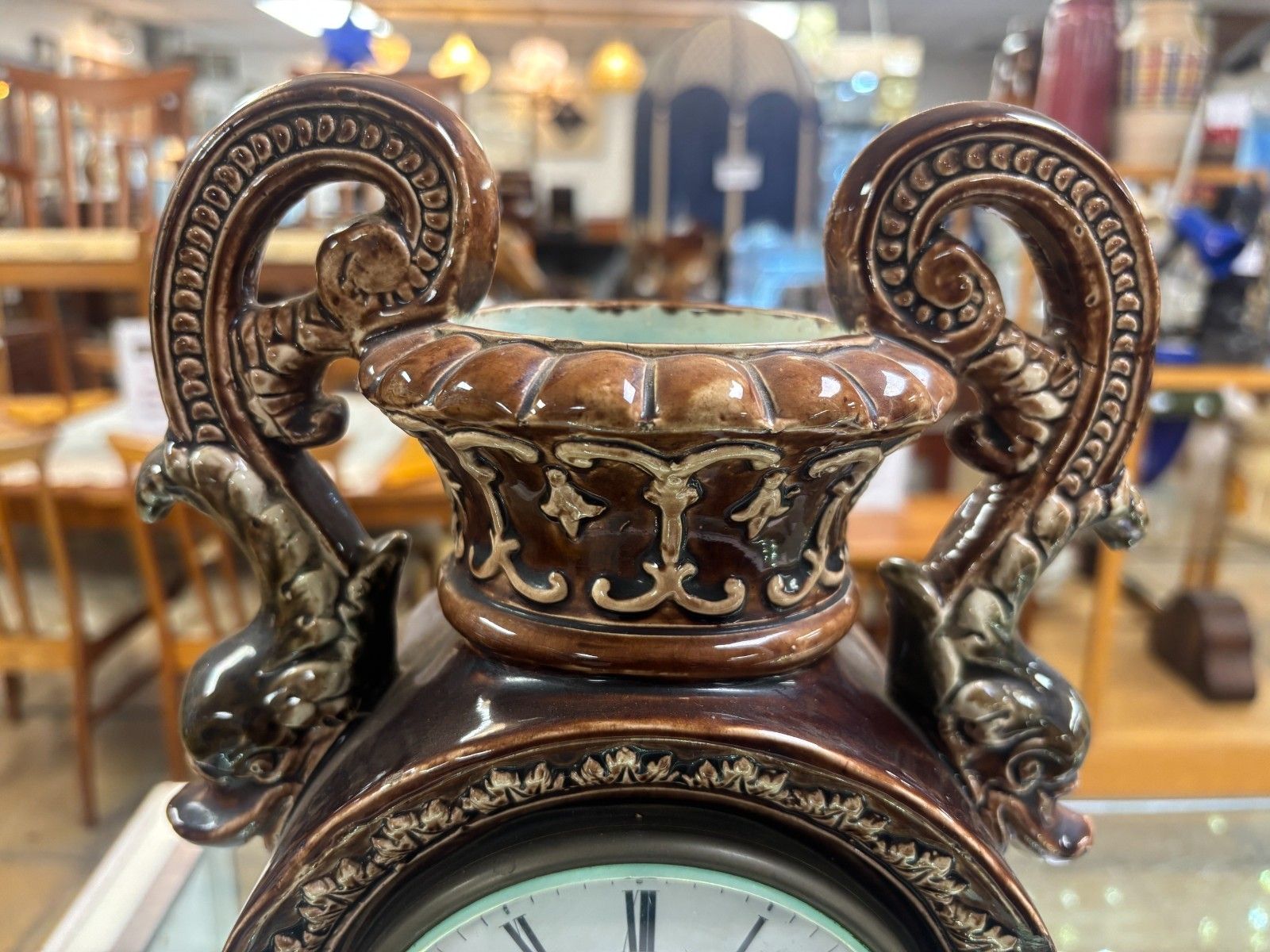 Rare Antique Majolica Case Clock With Japy Freres Movement By W.E.Shaw A.Paris photo for sale