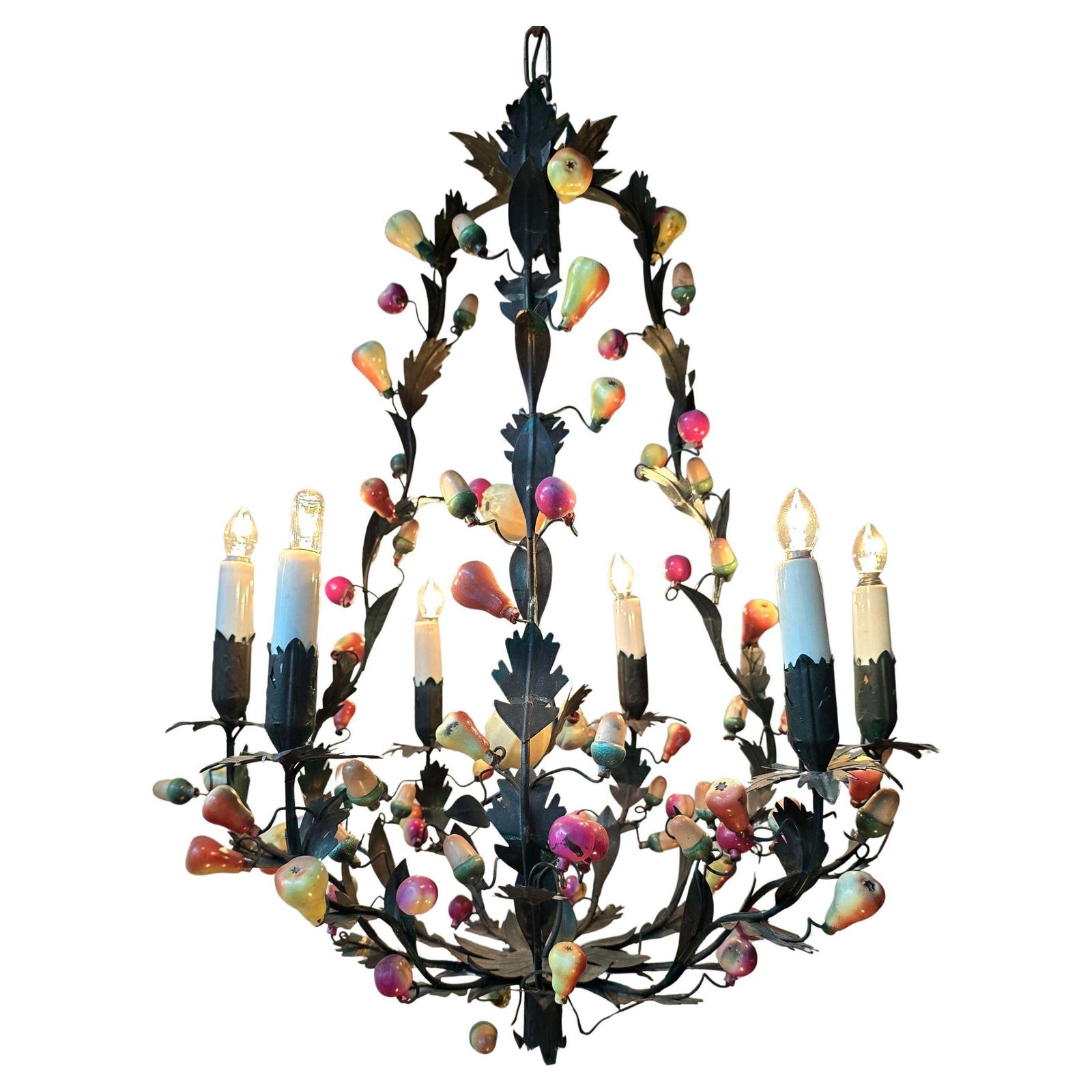 Italian 1950s Tole Fruit Chandelier, Florentine Hollywood Regency Style