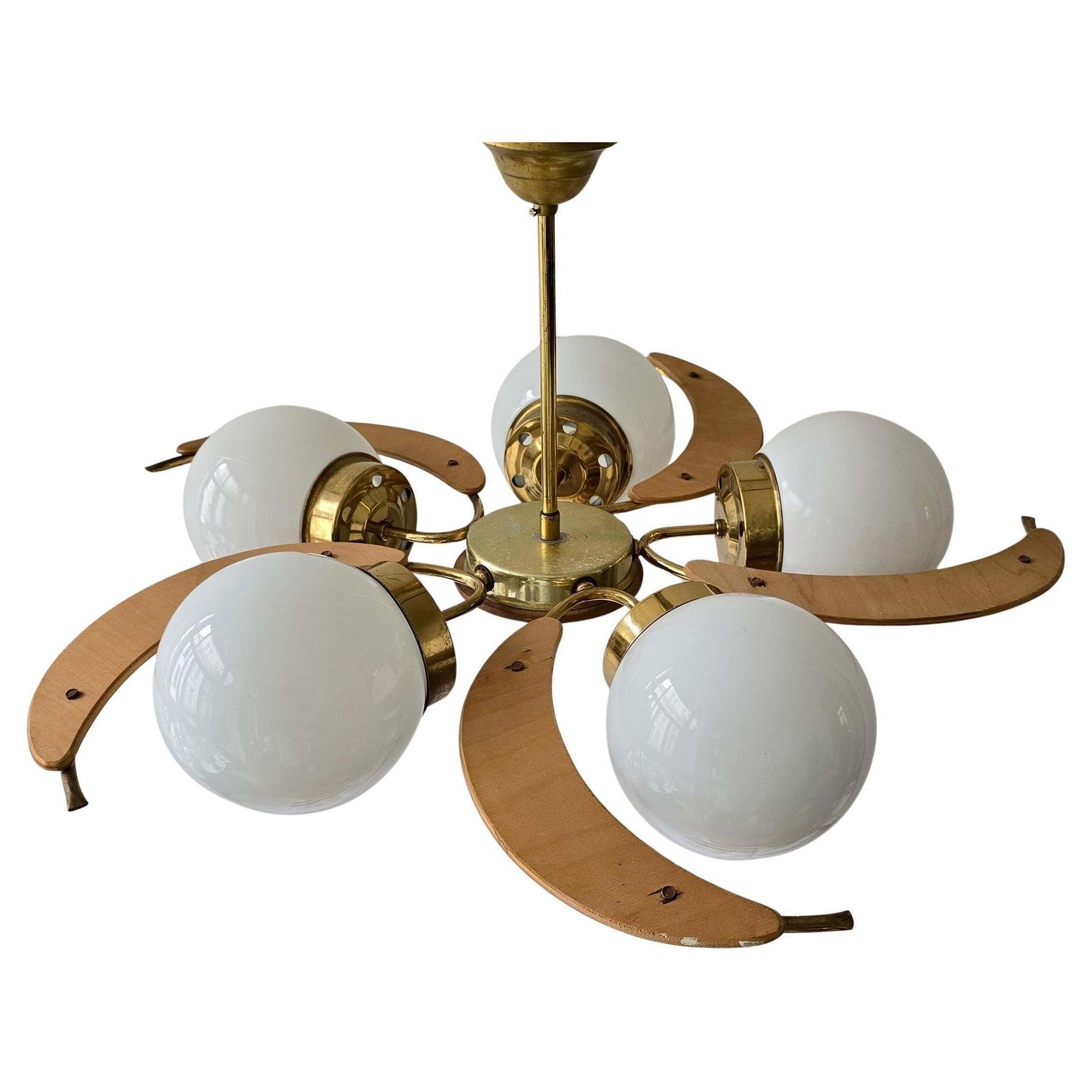 Mid Century Modern Brass, Wood & Opaline Glass Globe Chandelier, 1960s photo vinterior