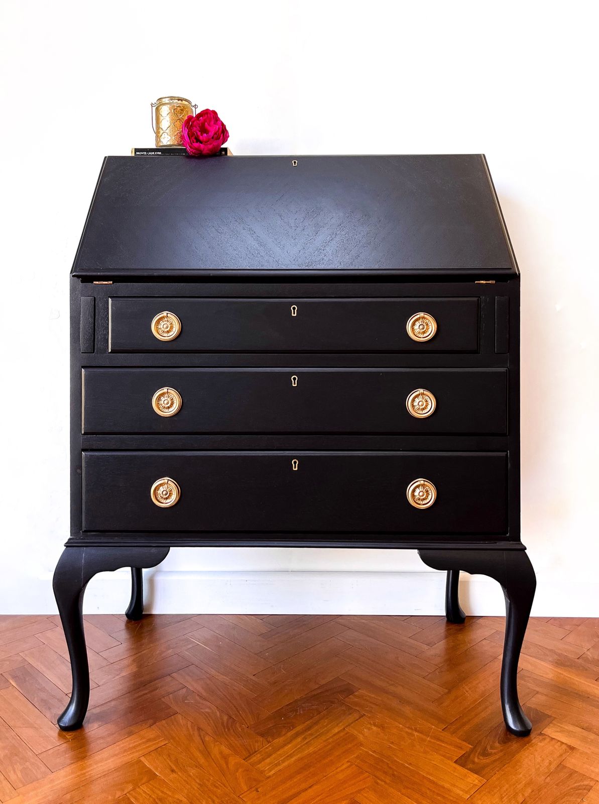 Queen Anne Style Bureau Desk Hand Painted In Black And Gold photo for sale