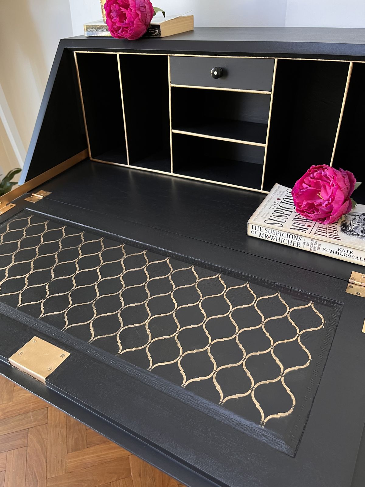 Queen Anne Style Bureau Desk Hand Painted In Black And Gold photo Furniture