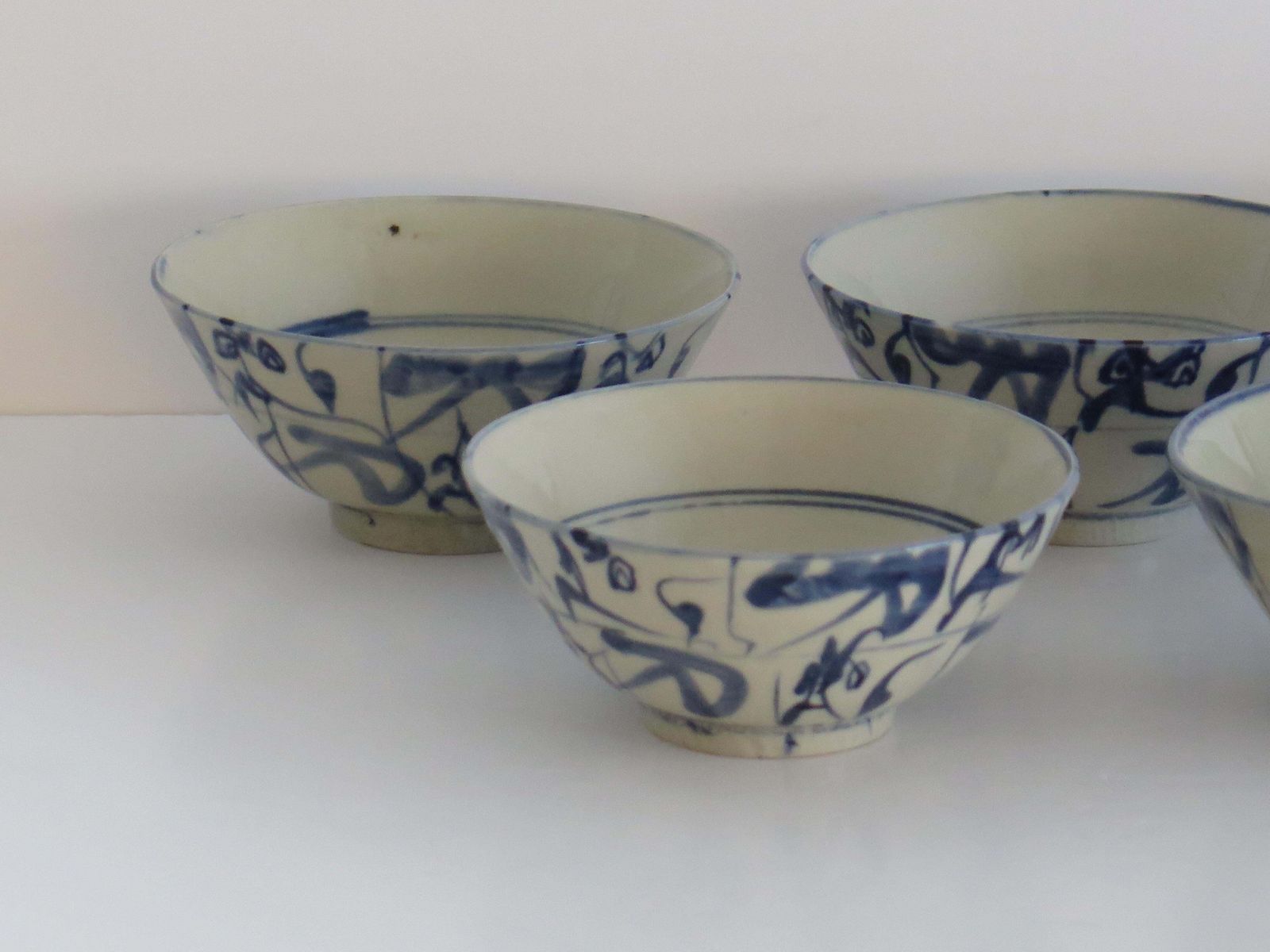 Set Of Five Chinese Porcelain Berry Bowls Blue And White Hand Painted, 20th C photo for sale