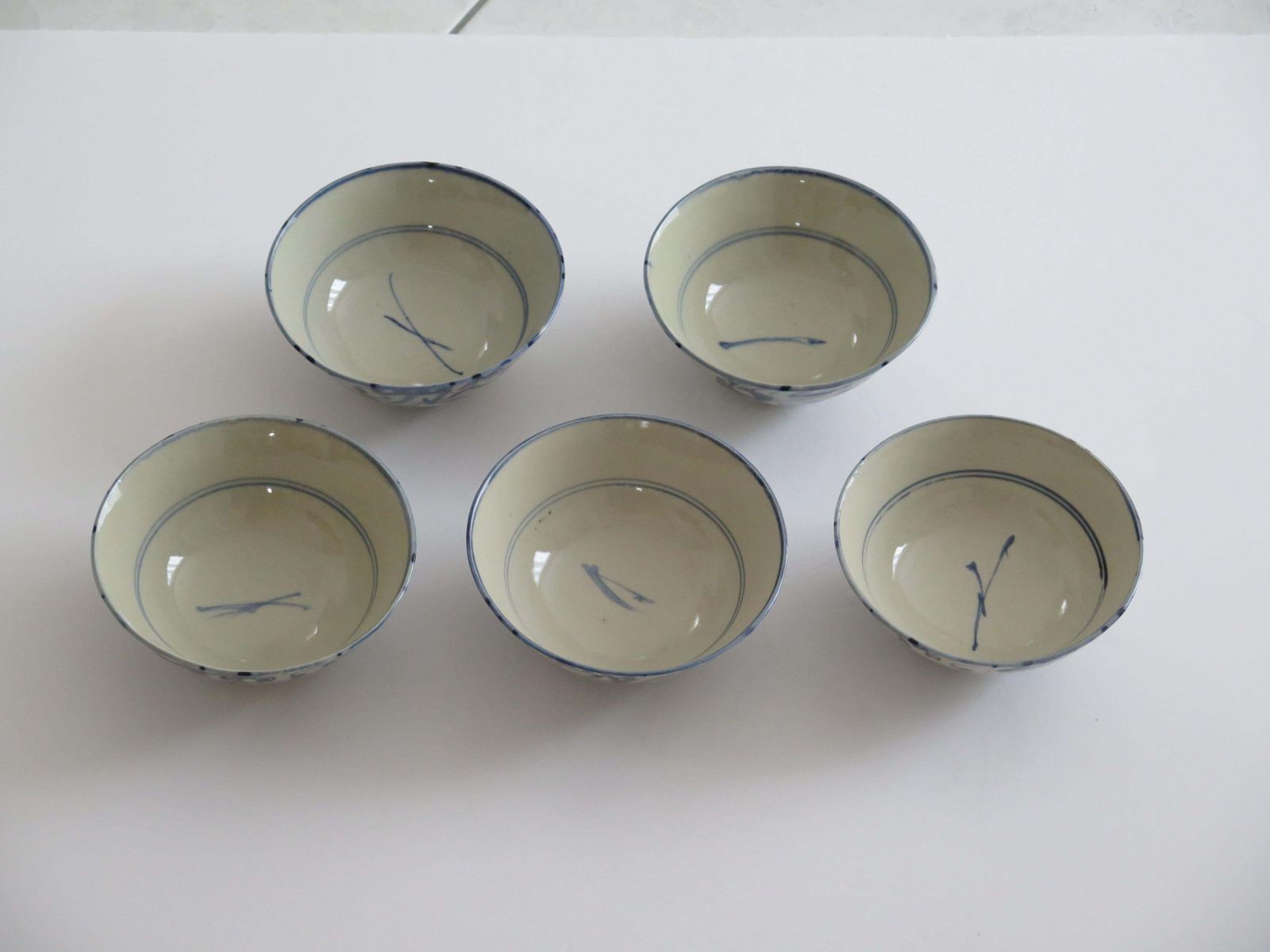 Home Decor Set Of Five Chinese Porcelain Berry Bowls Blue And White Hand Painted, 20th C photo