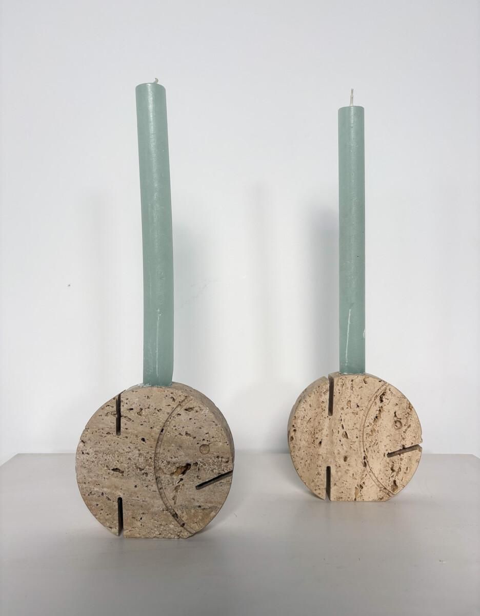 Pair Of Two Travertine Pisces Candlesticks By Fratelli Mannelli, 1970s photo for sale