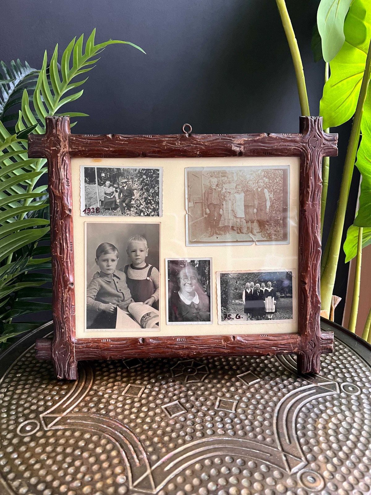 Tramp Art Picture Frame: Hand Carved Folk Art Wood, Swiss 1900s photo for sale