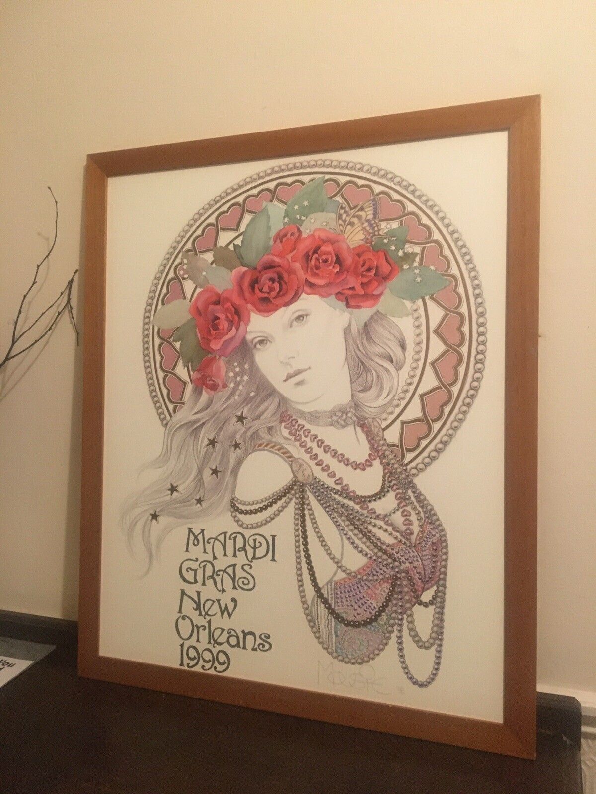 Large New Orleans 1999 Mardi Gras Poster Mousie Hand Finished Framed Vintage photo furniture
