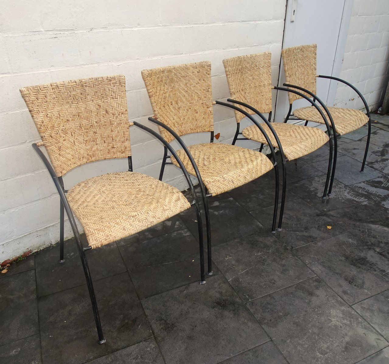 Vintage Italian Stackable Chairs In Rattan And Metal, 1970s, Set Of 4 photo for sale