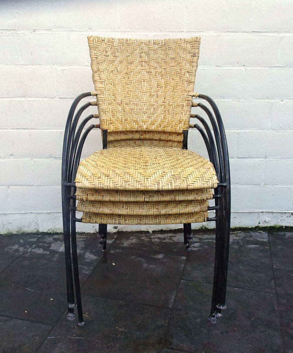 Vintage Italian Stackable Chairs In Rattan And Metal, 1970s, Set Of 4 photo vintage
