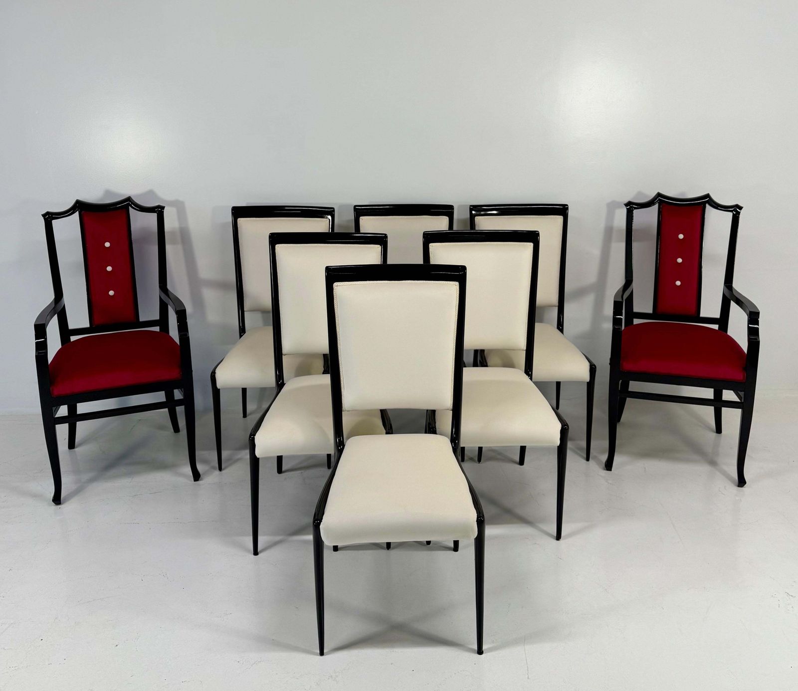 Set Of 6 Italian Chairs, 1950s, Black Lacquered And Cream Velvet, Attr. V. Dassi photo vintage