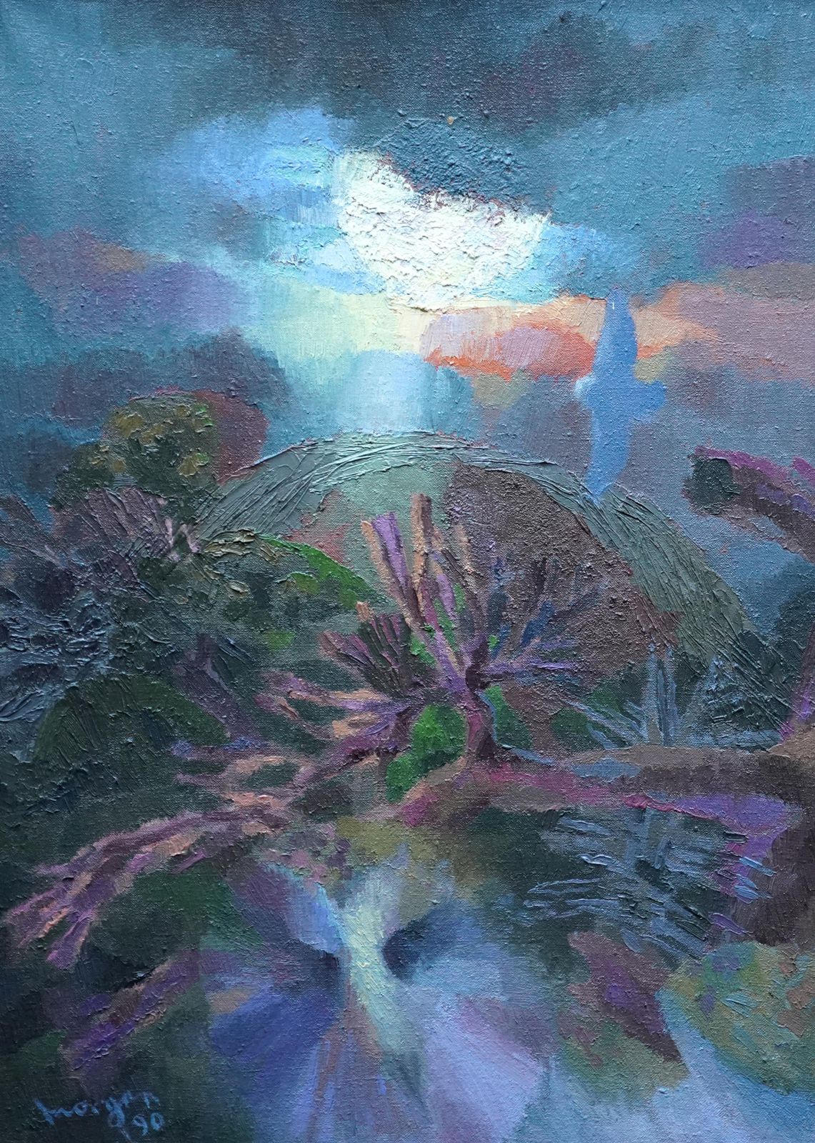Glyn Morganowls In Landscape   Welsh Post Impressionist Art Oil Painting Birds1990 photo furniture