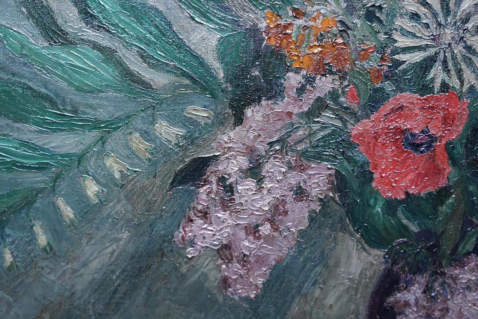 photo furniture Grace Englishflowers In Blue Vase   British Slade School 30s Floral Still Life Oil Painting1930