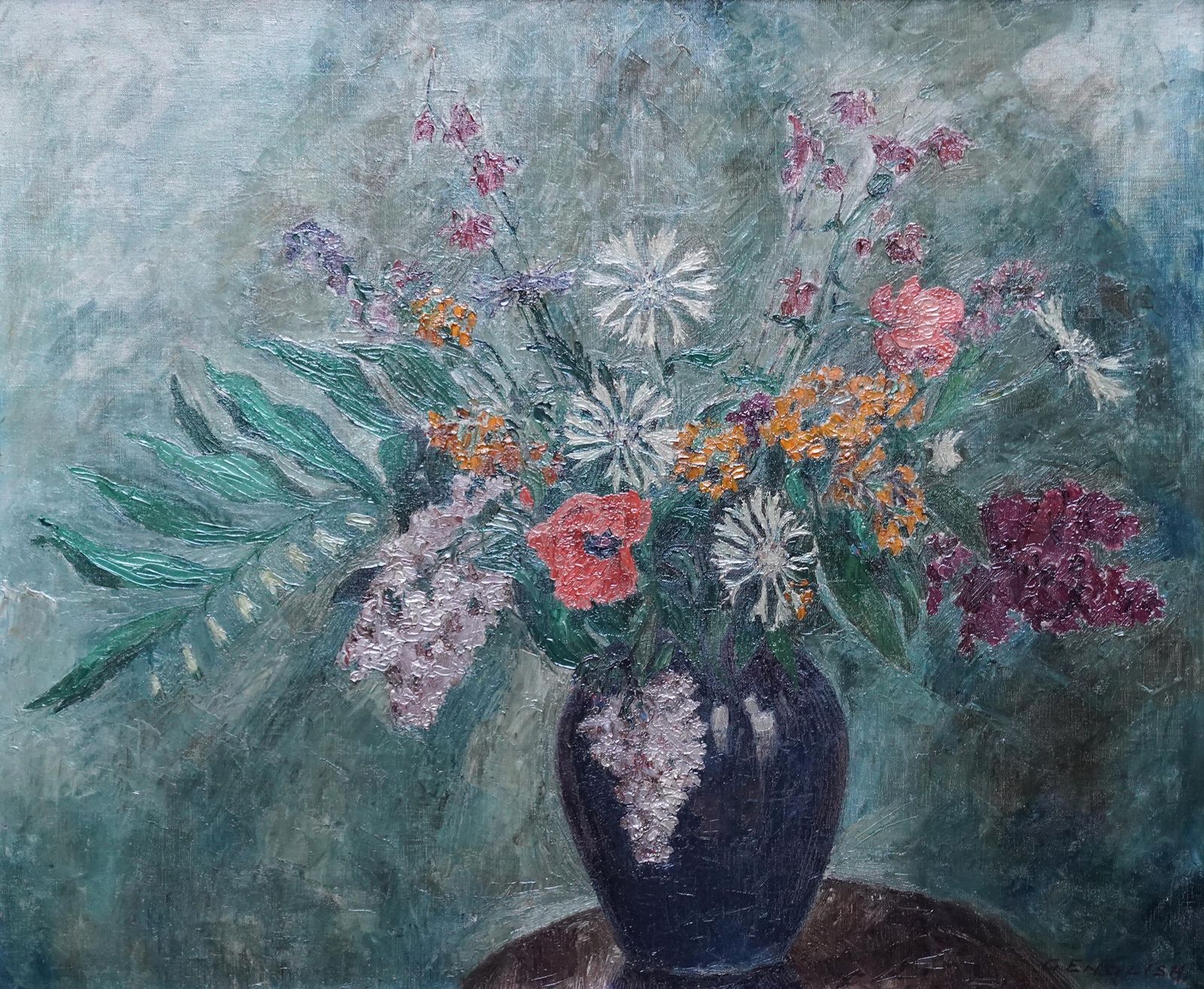 photo vinterior Grace Englishflowers In Blue Vase   British Slade School 30s Floral Still Life Oil Painting1930