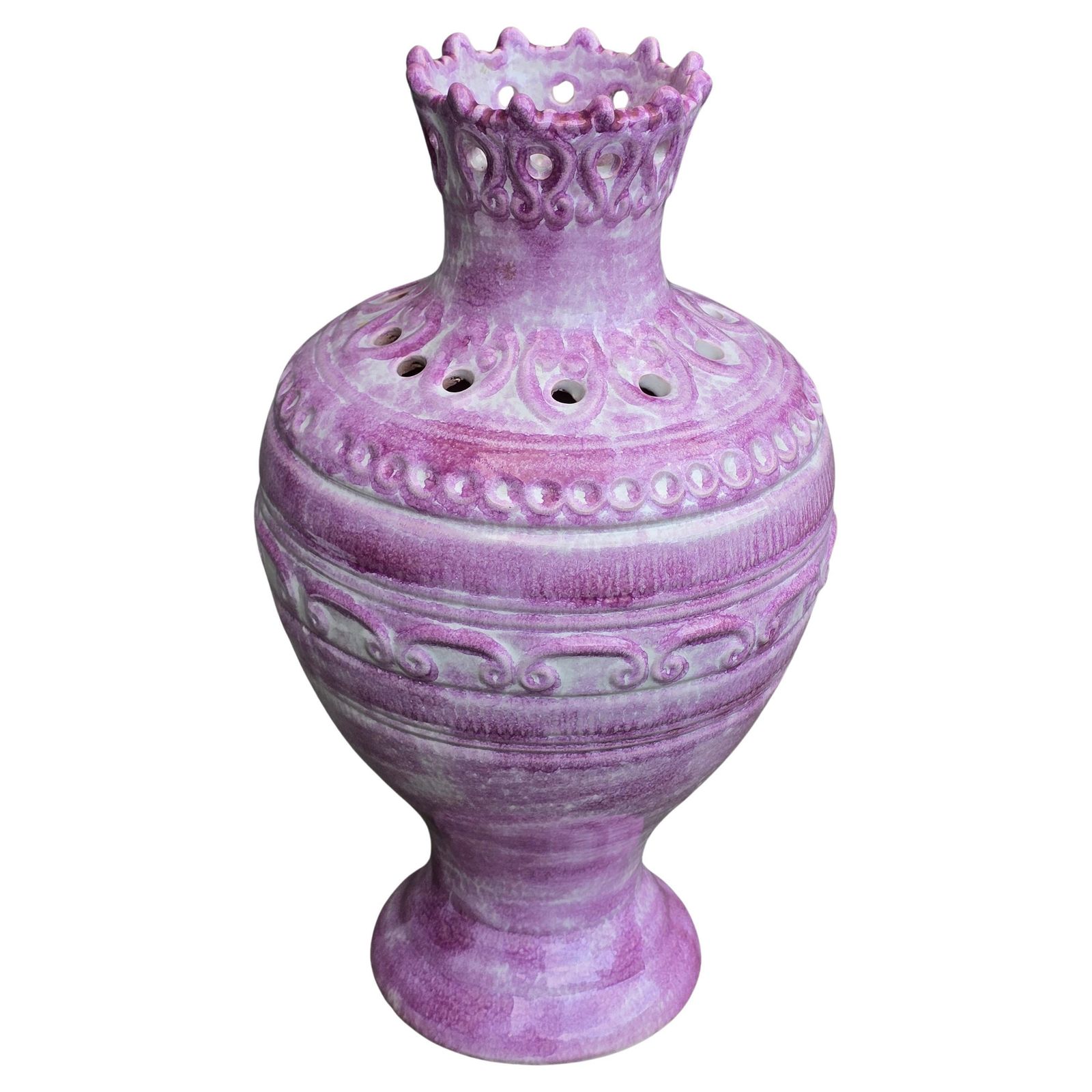 German Mid Century Pierced Art Pottery Vase In Violet Glaze, Circa 1950s photo furniture