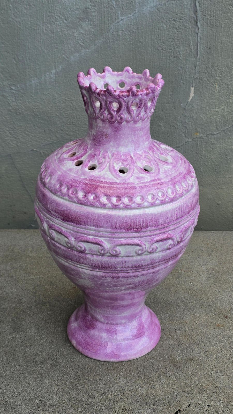 German Mid Century Pierced Art Pottery Vase In Violet Glaze, Circa 1950s photo for sale