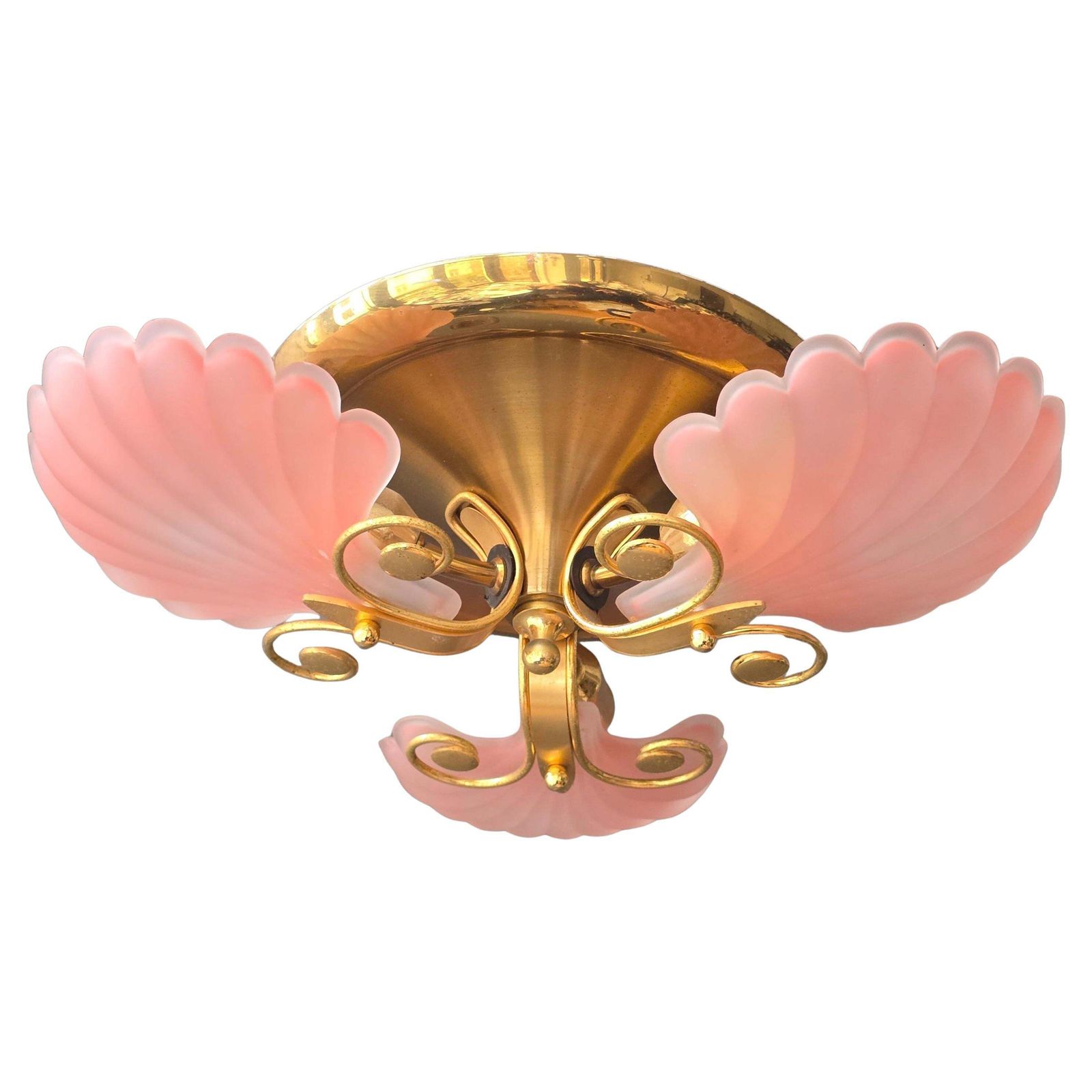 Rare Italian Mid Century Ceiling Light With Pink Shell Glass Shades And Gilt