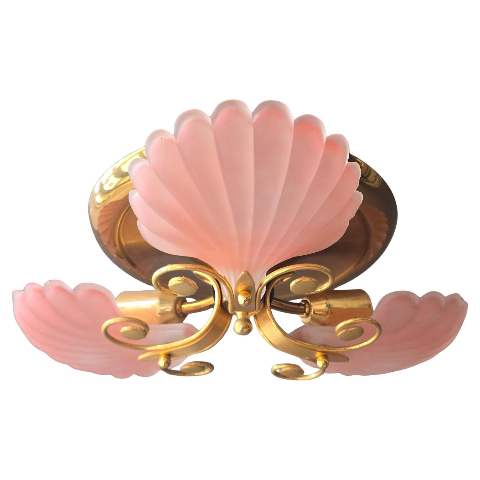 Rare Italian Mid Century Ceiling Light With Pink Shell Glass Shades And Gilt photo furniture