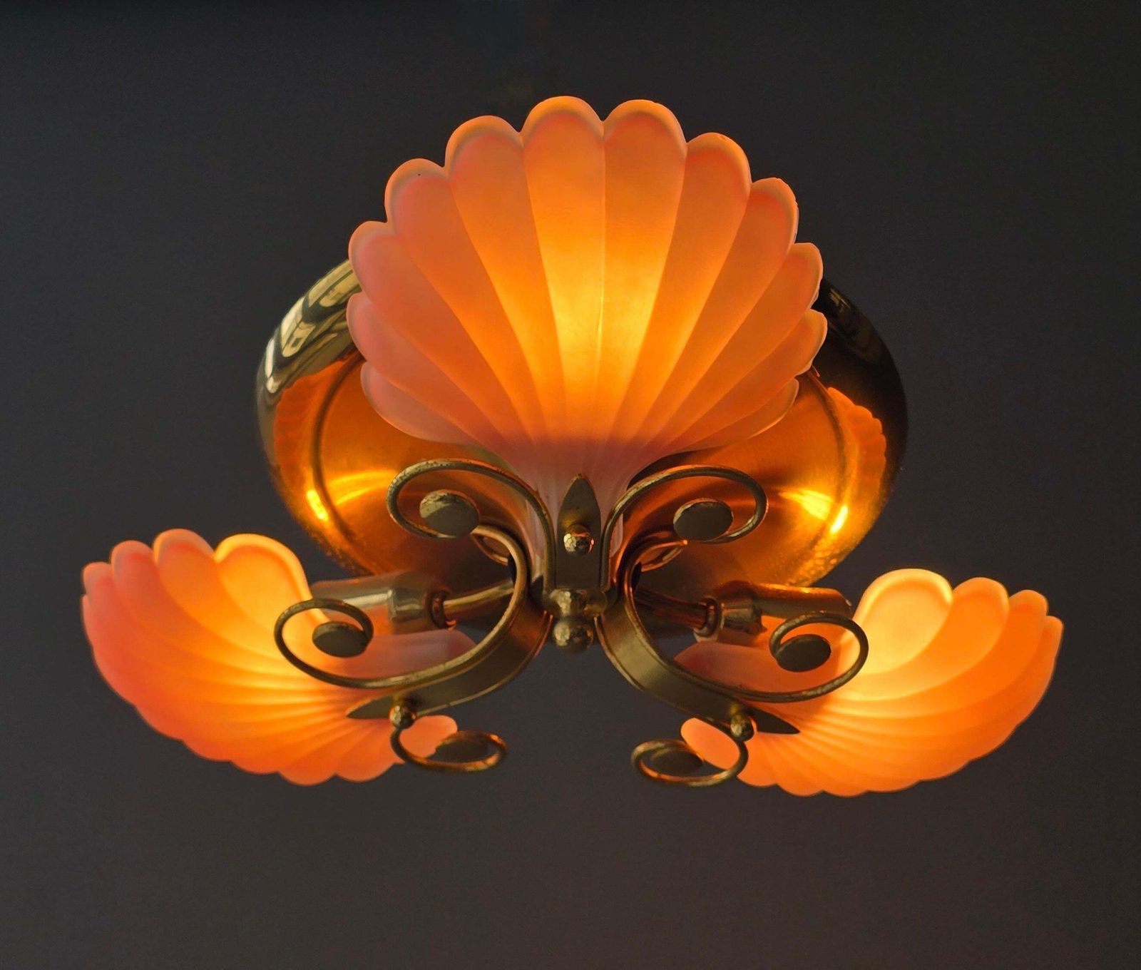 Rare Italian Mid Century Ceiling Light With Pink Shell Glass Shades And Gilt photo buy