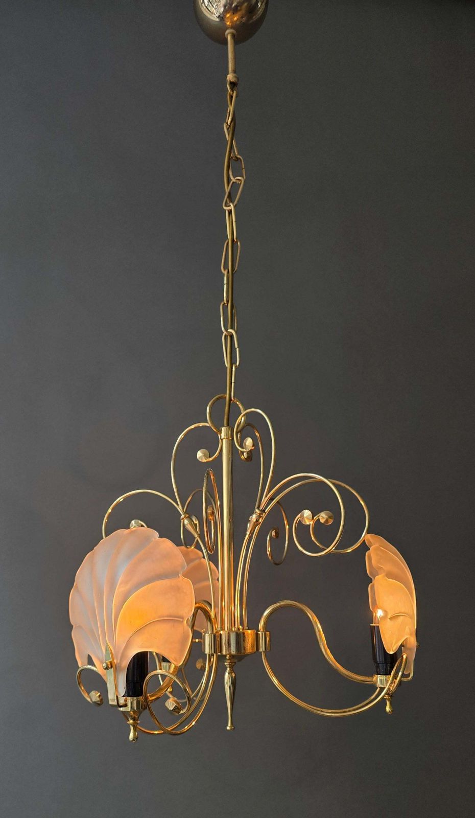 Italian Gold Tone Chandelier With Frosted Shell Glass Shades, 1970s photo furniture