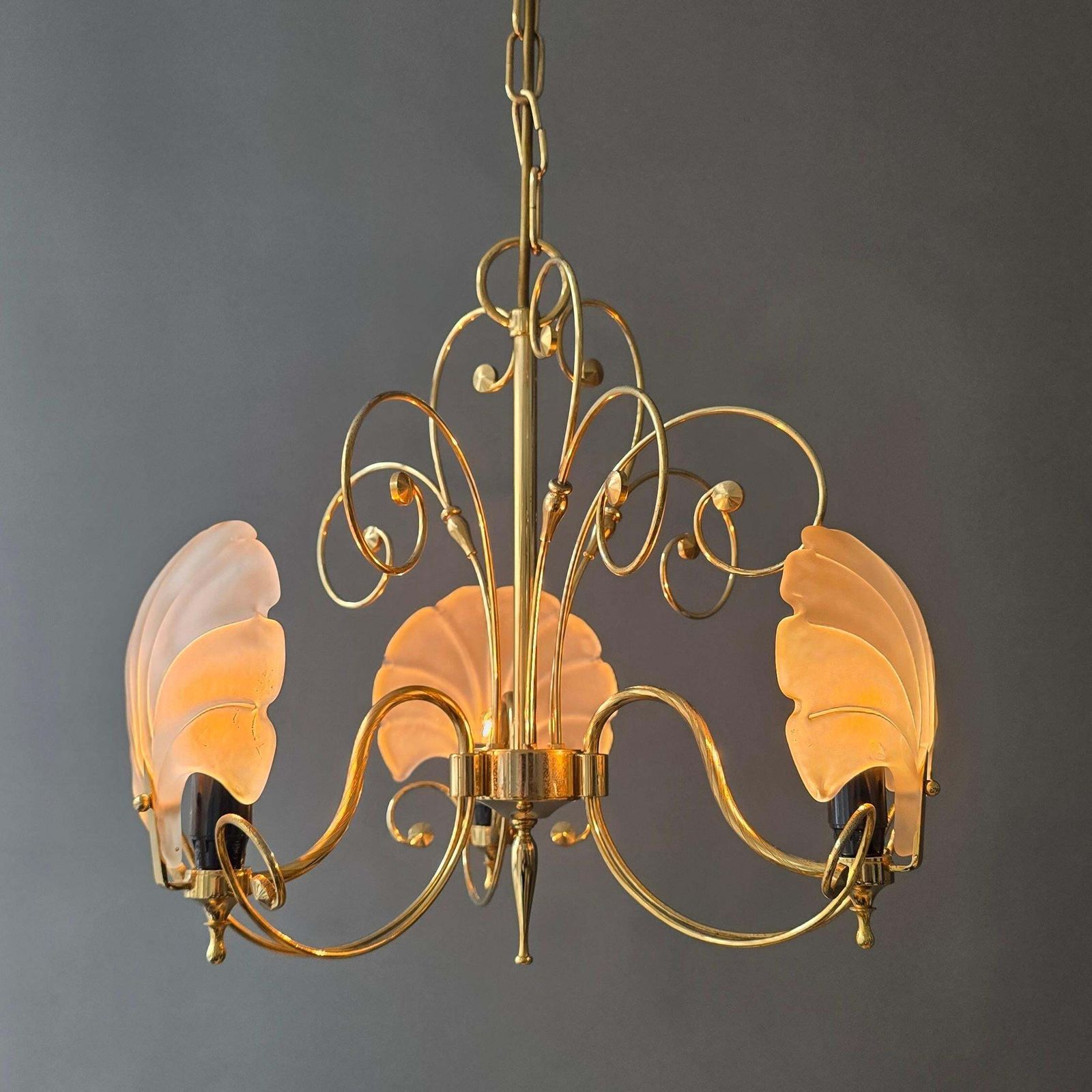 Italian Gold Tone Chandelier With Frosted Shell Glass Shades, 1970s photo for sale