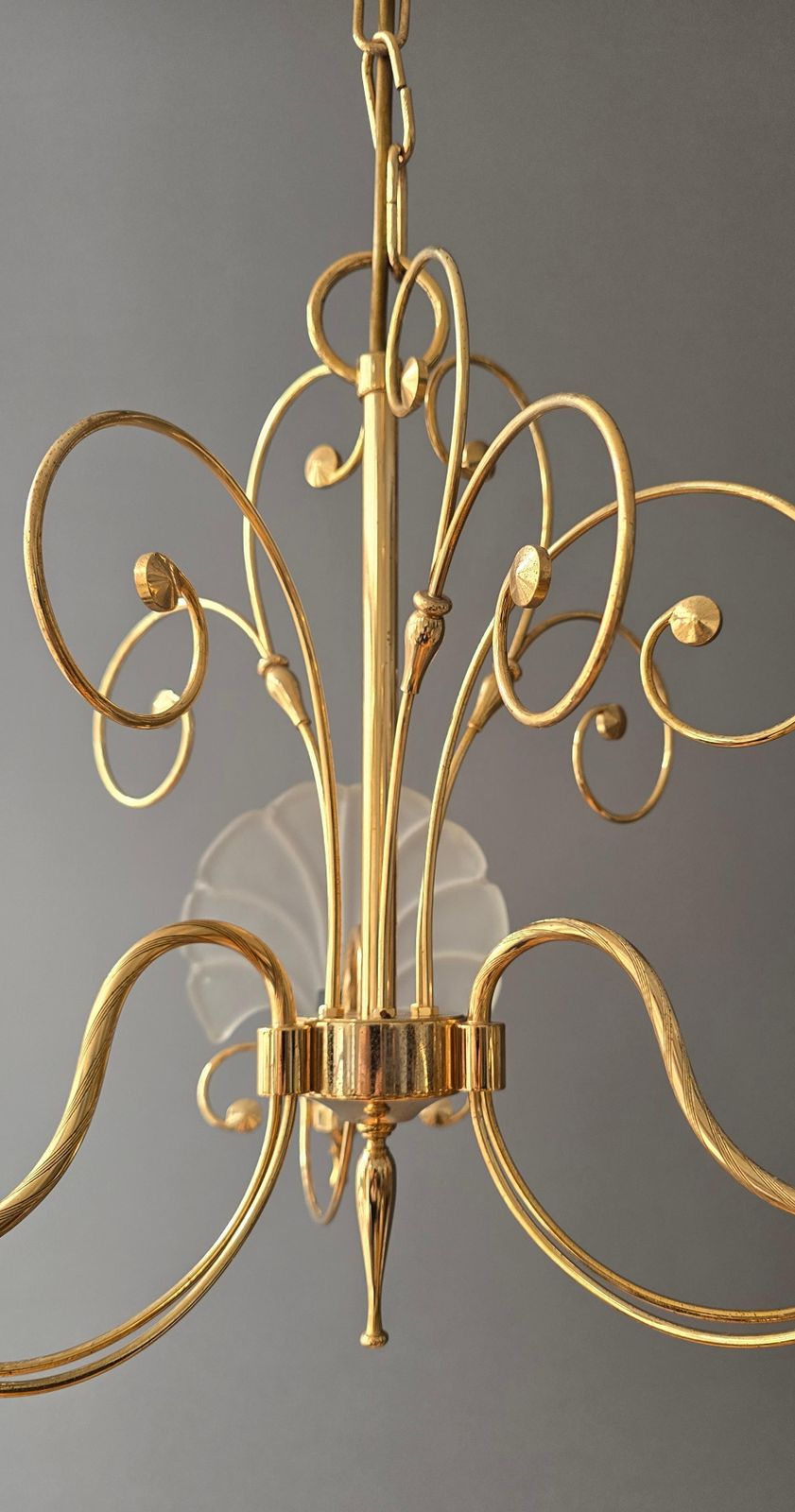 Italian Gold Tone Chandelier With Frosted Shell Glass Shades, 1970s photo vintage