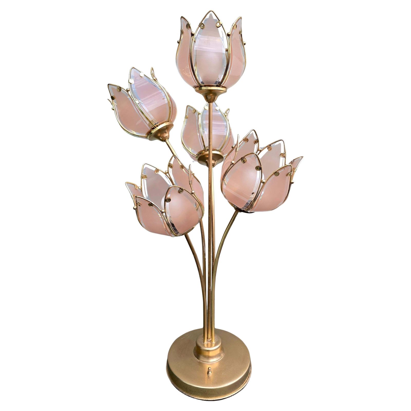 Italian Floral Glass And Brass Tulip Table Lamp, 1970s