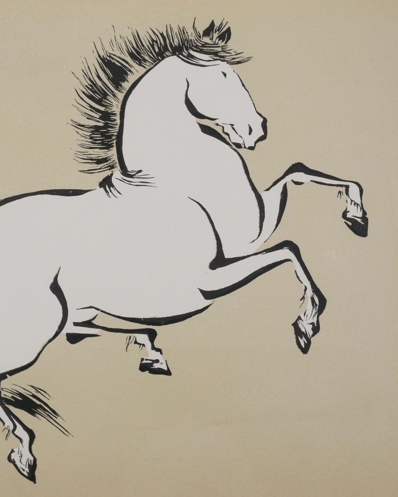 Japanese Print, Rearing Horse   Signed Woodcut photo Art