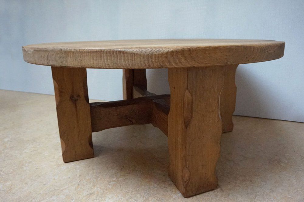 Brutalist Wabi Sabi Handcrafted Round Oak Coffee Table 1960s