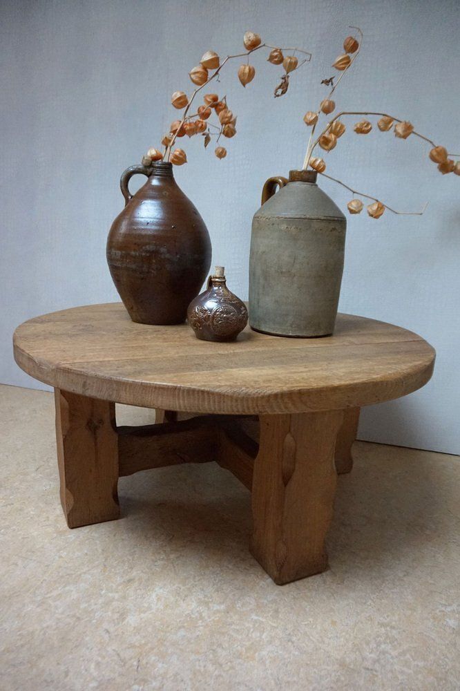 819.0 Brutalist Wabi Sabi Handcrafted Round Oak Coffee Table 1960s photo