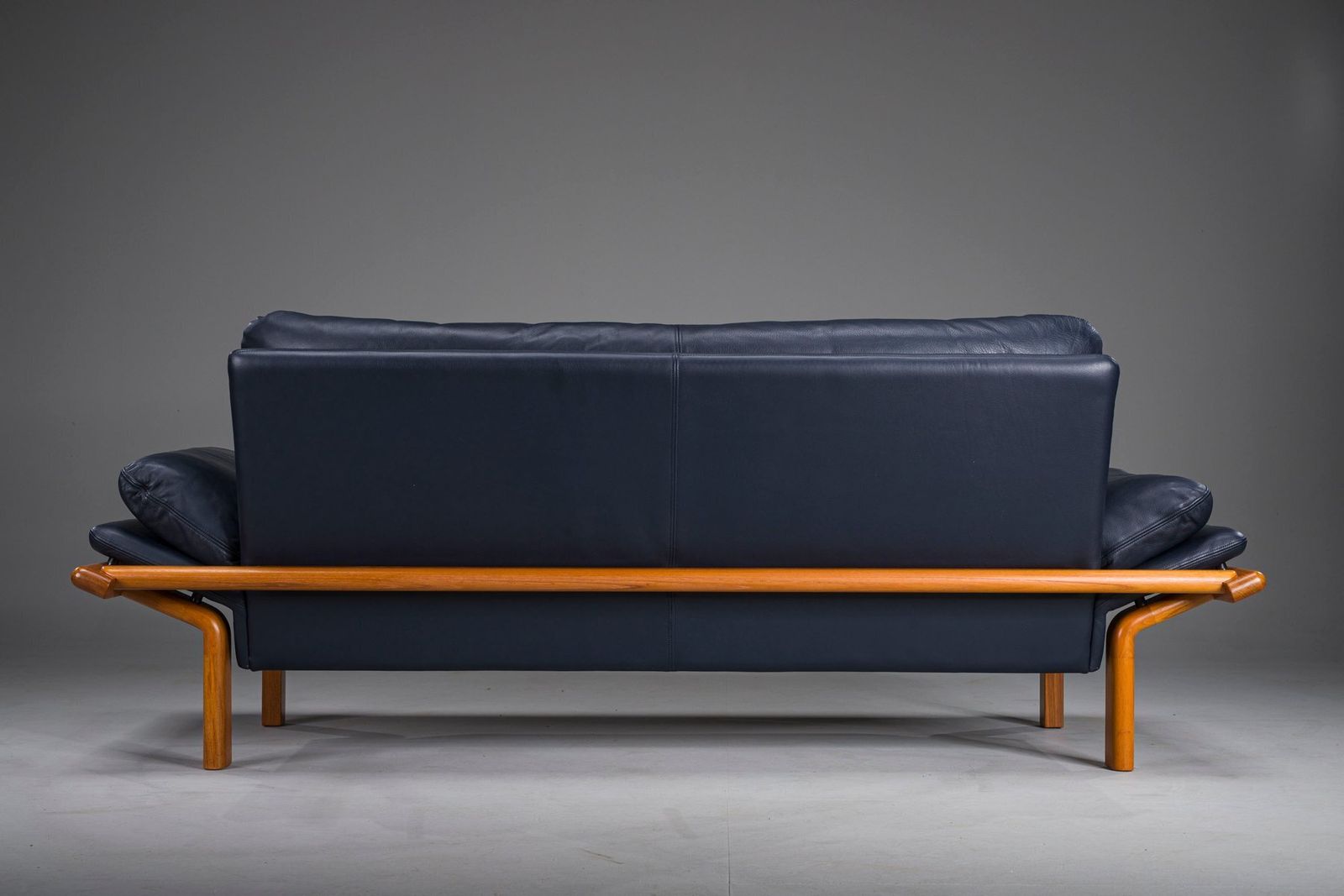 photo for sale Danish 3 Seater Sofa In Teak And Navy Leather By Komfort, 1970s