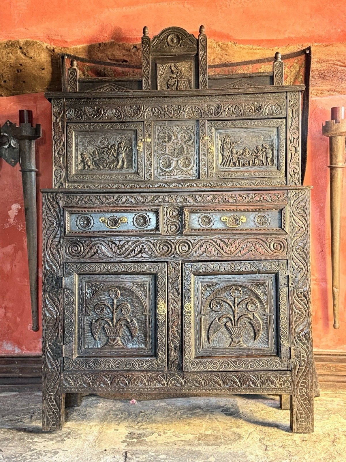 Rare Jacobean Antique Oak Hand Carved Folk Art Cabinet Buffet Cupboard 1600's