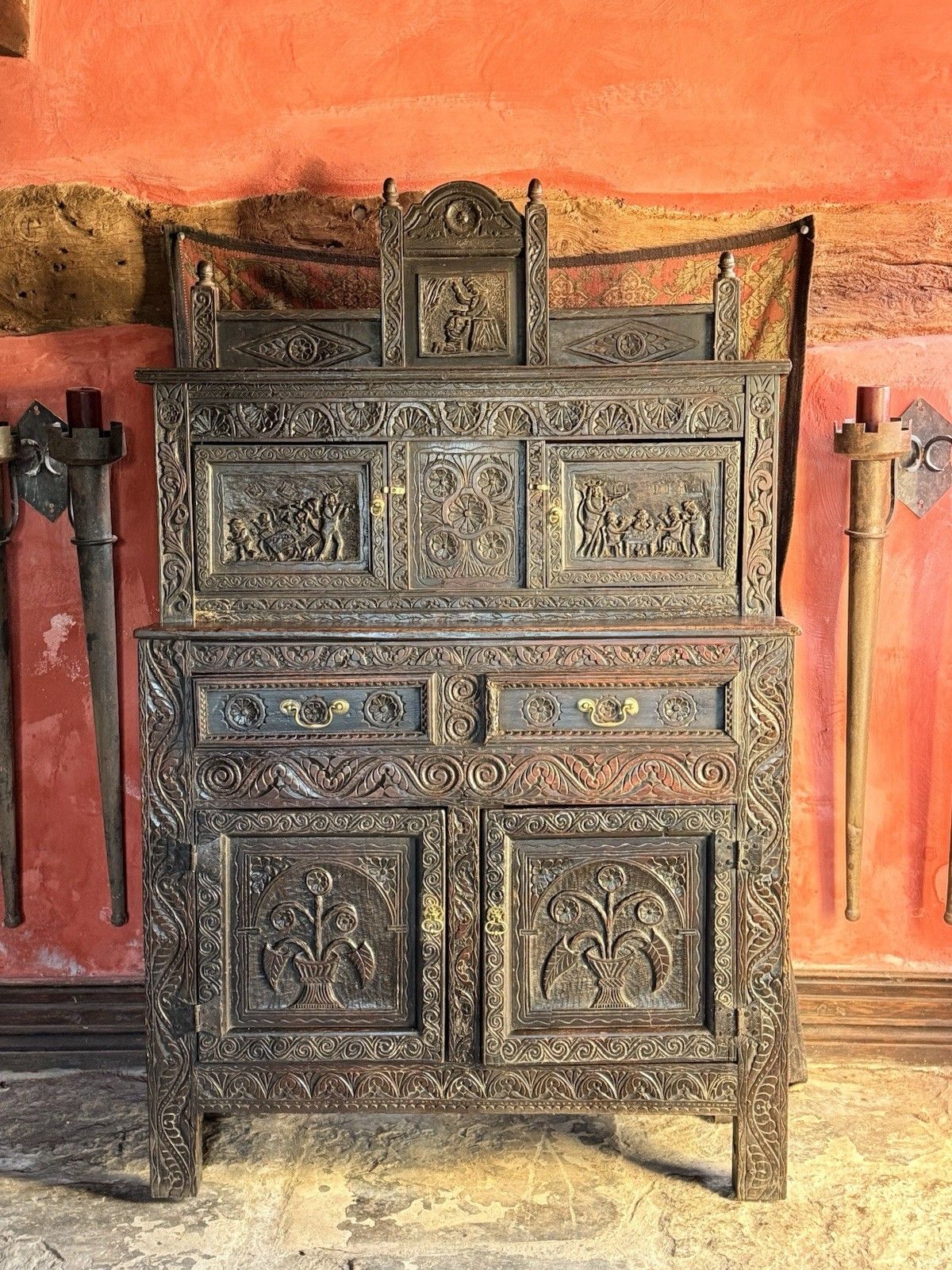 Rare Jacobean Antique Oak Hand Carved Folk Art Cabinet Buffet Cupboard 1600's photo for sale