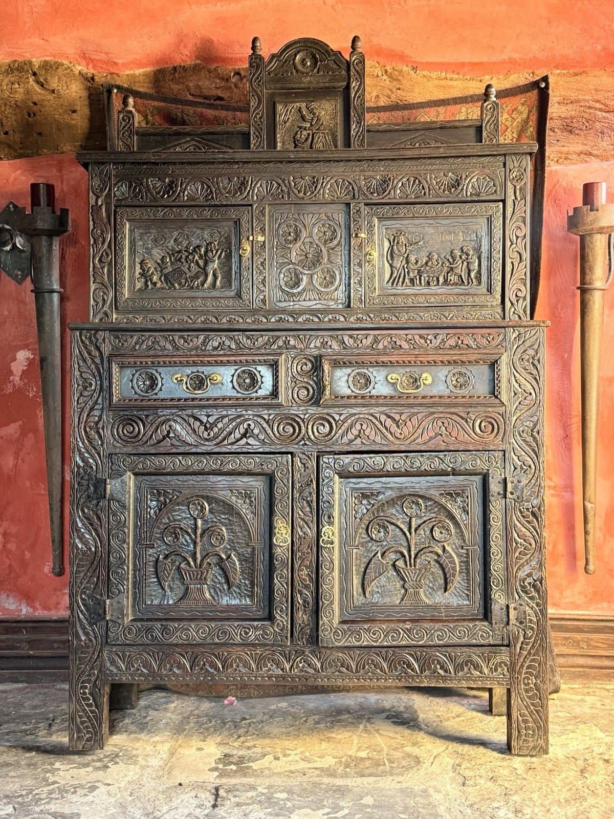 Rare Jacobean Antique Oak Hand Carved Folk Art Cabinet Buffet Cupboard 1600's photo 1499.0