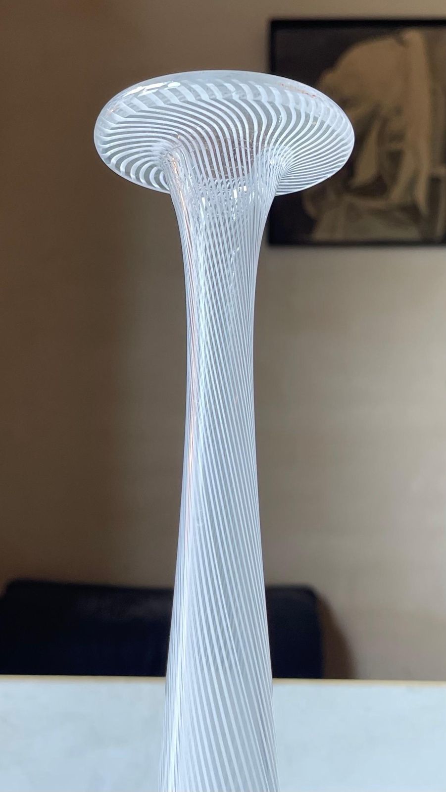 Tall & Lean White Swirl Art Glass Vase In The Style Of Dino Martens photo for sale