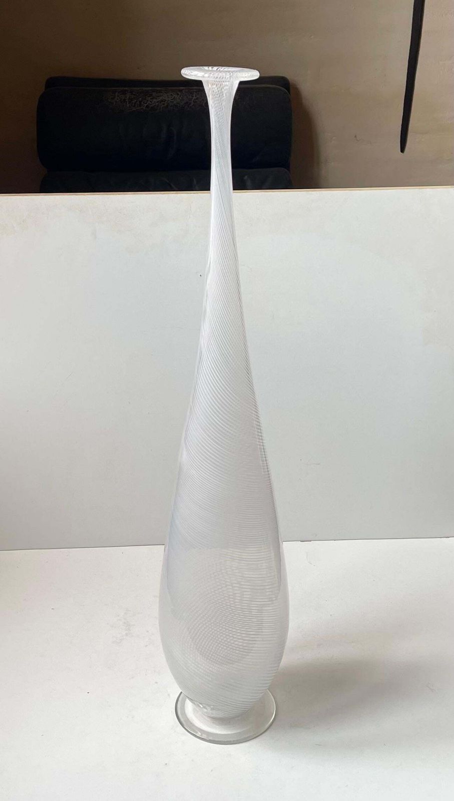 photo furniture Tall & Lean White Swirl Art Glass Vase In The Style Of Dino Martens