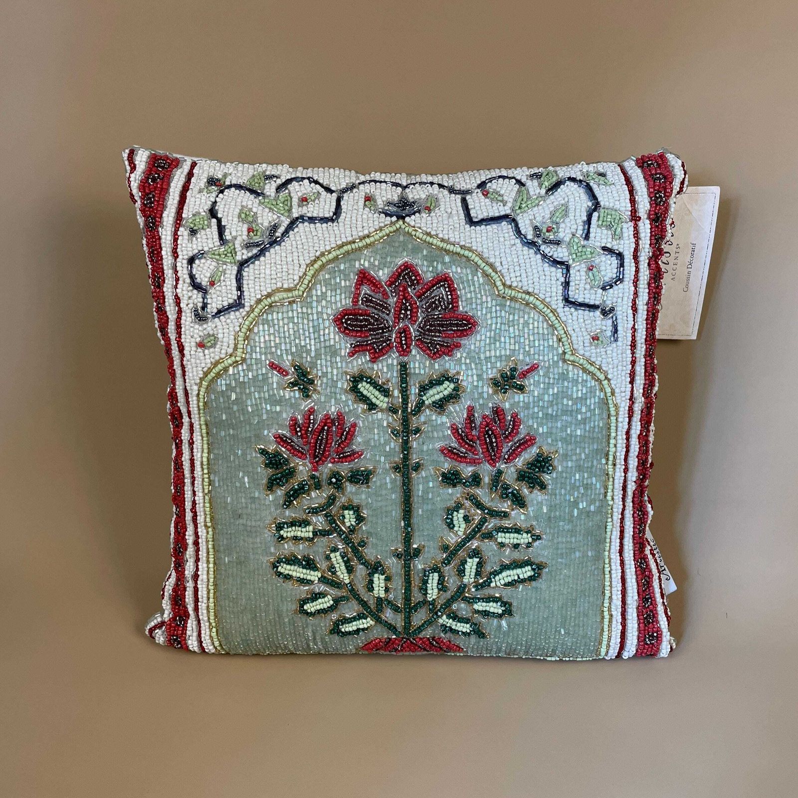 New Beaded Cushion Scatter Pillow Square 35x35 Artistic Accents Stuffed Accent Pattern Bolster Throw Decorative Floral Design White
