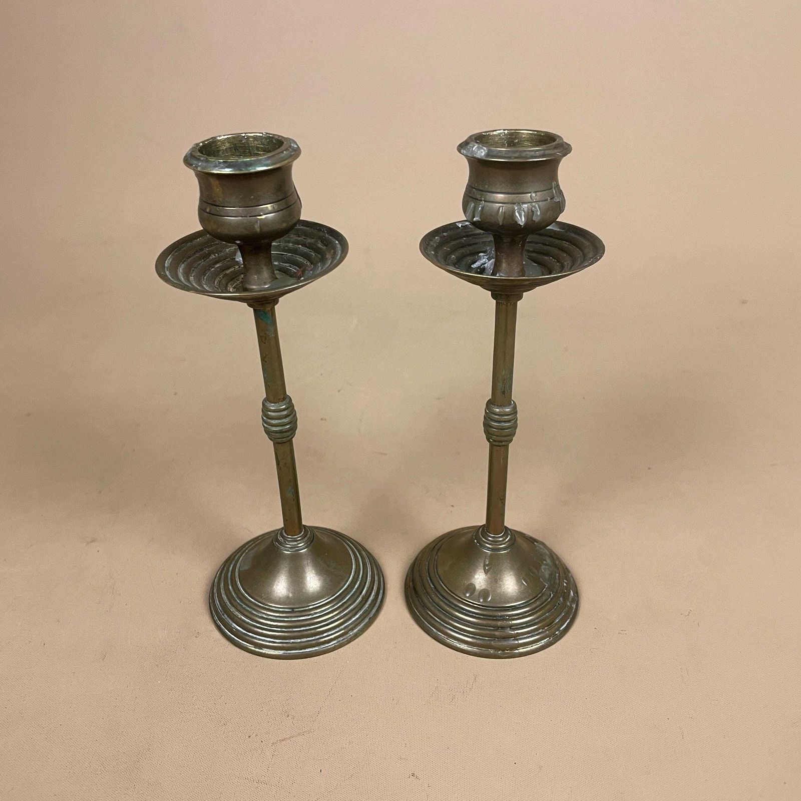 Antique Matching Pair Of Gold Brass Metal Candlestick Candle Stick Holders Vintage Taper Dinner Candlesticks Column Pillar Set Round Base photo for sale