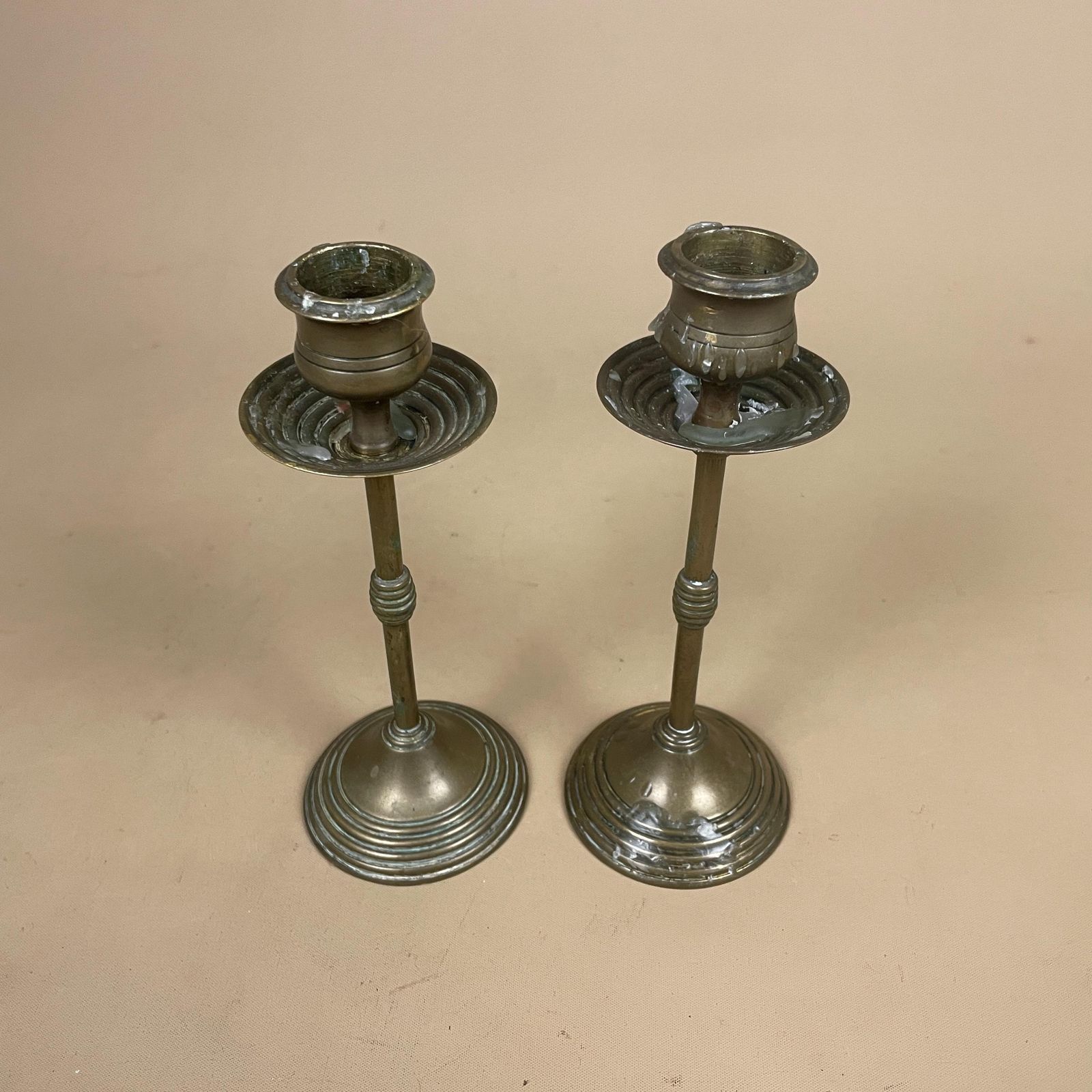 Antique Matching Pair Of Gold Brass Metal Candlestick Candle Stick Holders Vintage Taper Dinner Candlesticks Column Pillar Set Round Base photo buy