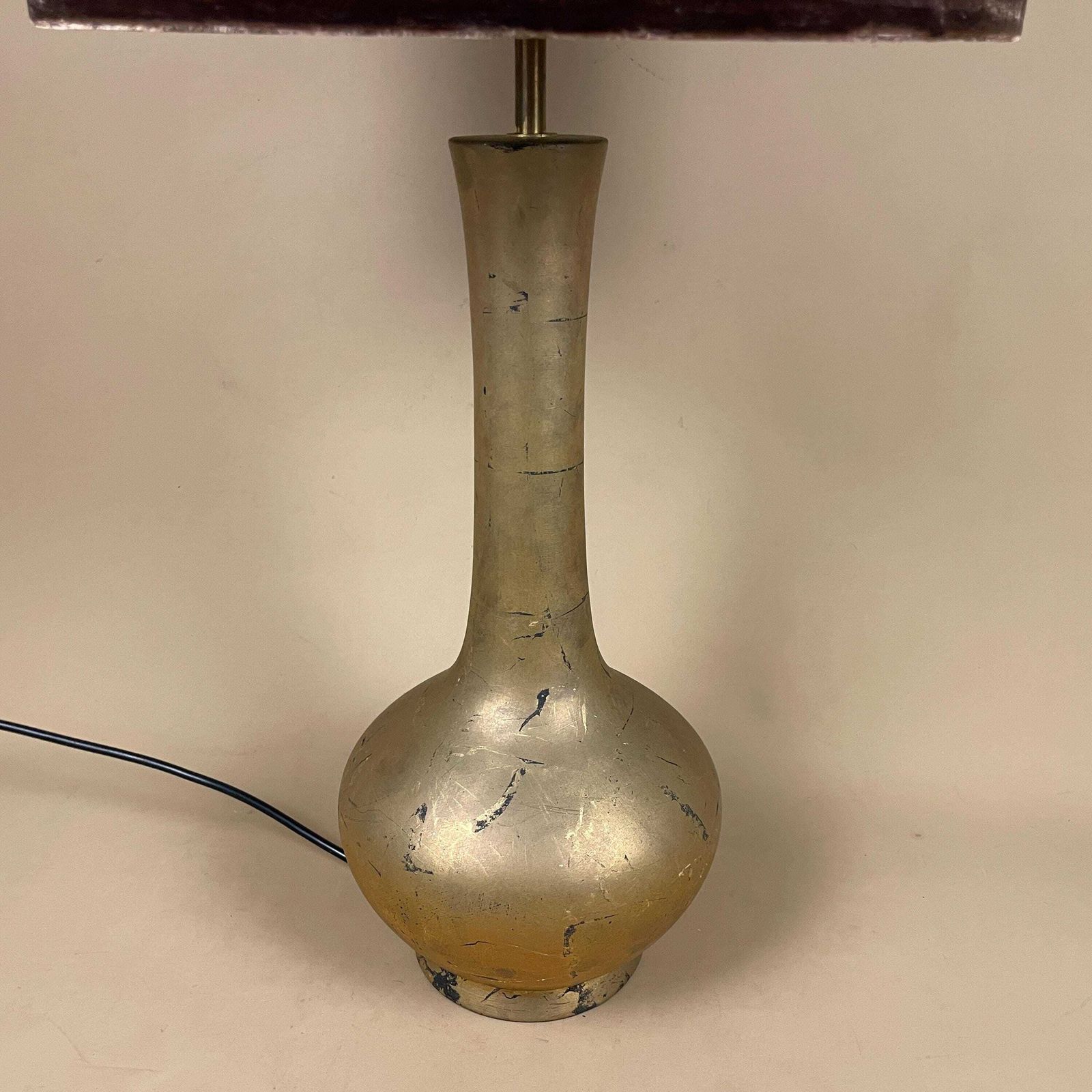 Antique Gold Lamp Light Bedside Table Oriental Brown Velvet Shade Lampshade Ornate Vintage Medium Tall Pillar photo Lighting