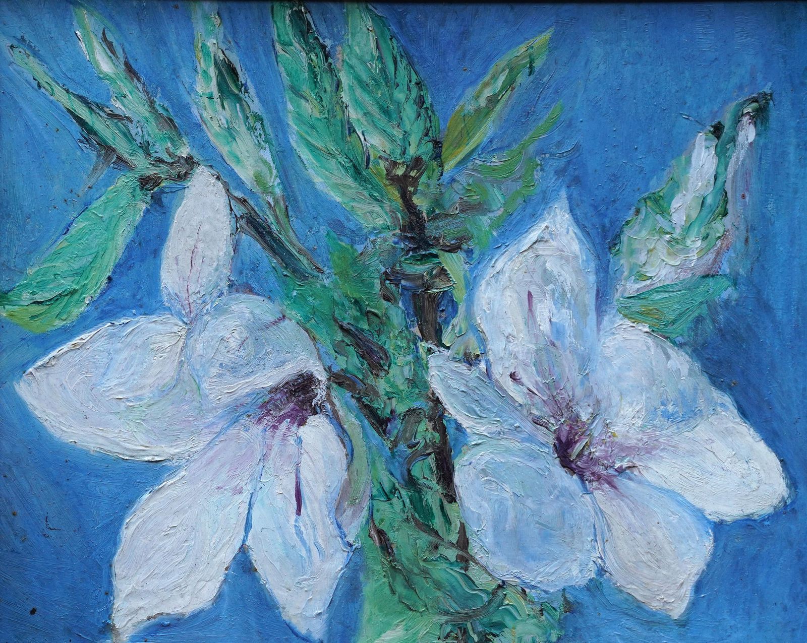 Pauline Glass Magnolias On Blue   British 70's Exhib Floral Art Oil Painting Flowers 1978 photo furniture