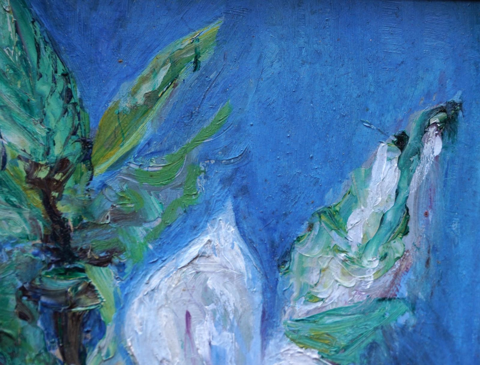 Pauline Glass Magnolias On Blue   British 70's Exhib Floral Art Oil Painting Flowers 1978 photo vinterior