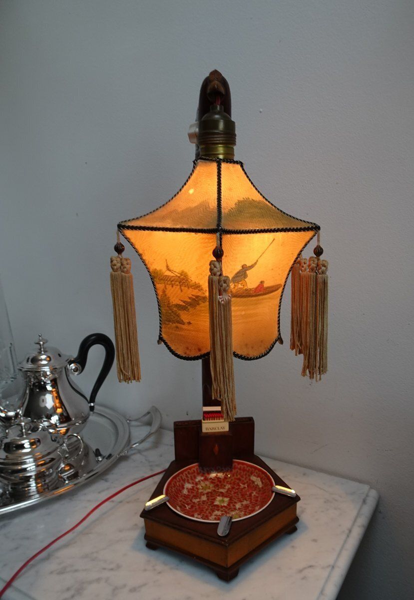 Chinese Carved Wood Bird Lamp With Ashtray And Cigarette Holder, 1930s photo Lighting