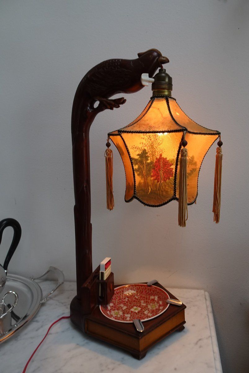 Chinese Carved Wood Bird Lamp With Ashtray And Cigarette Holder, 1930s photo 376.0