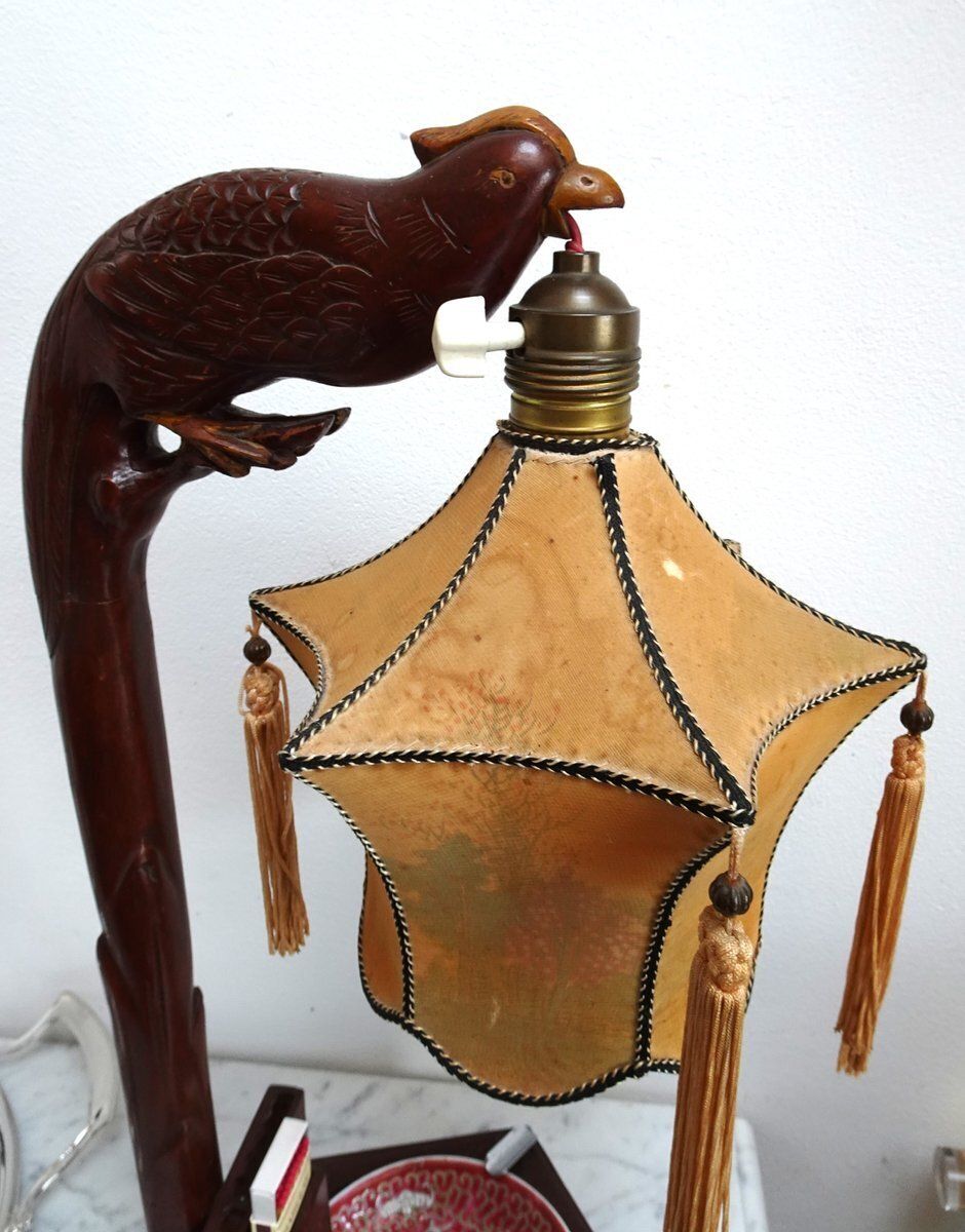 Chinese Carved Wood Bird Lamp With Ashtray And Cigarette Holder, 1930s photo vinterior