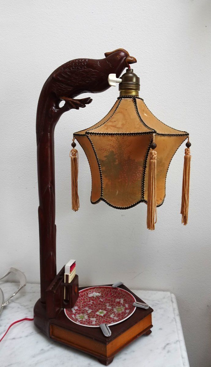 Chinese Carved Wood Bird Lamp With Ashtray And Cigarette Holder, 1930s photo vintage