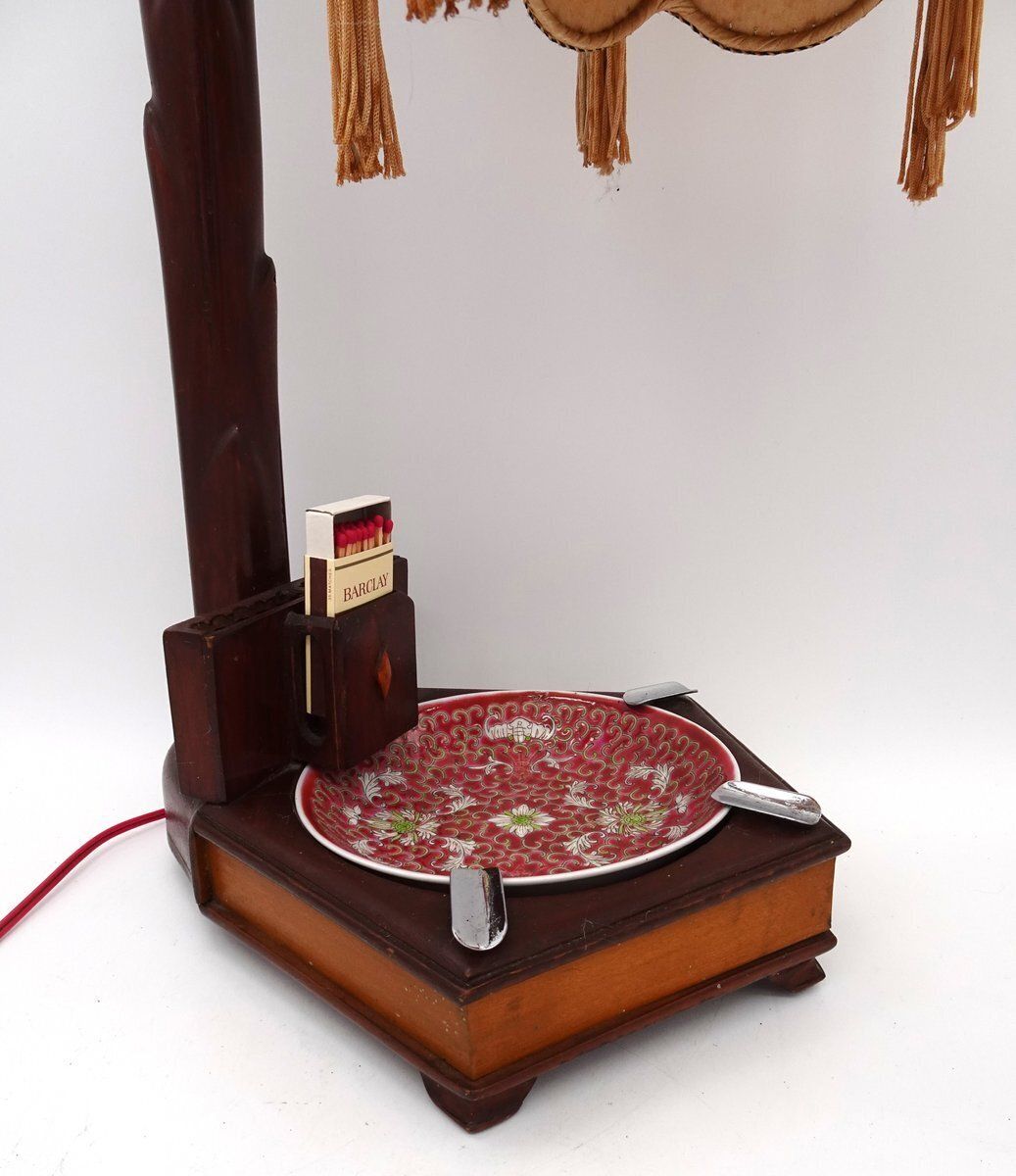 photo vintage Chinese Carved Wood Bird Lamp With Ashtray And Cigarette Holder, 1930s
