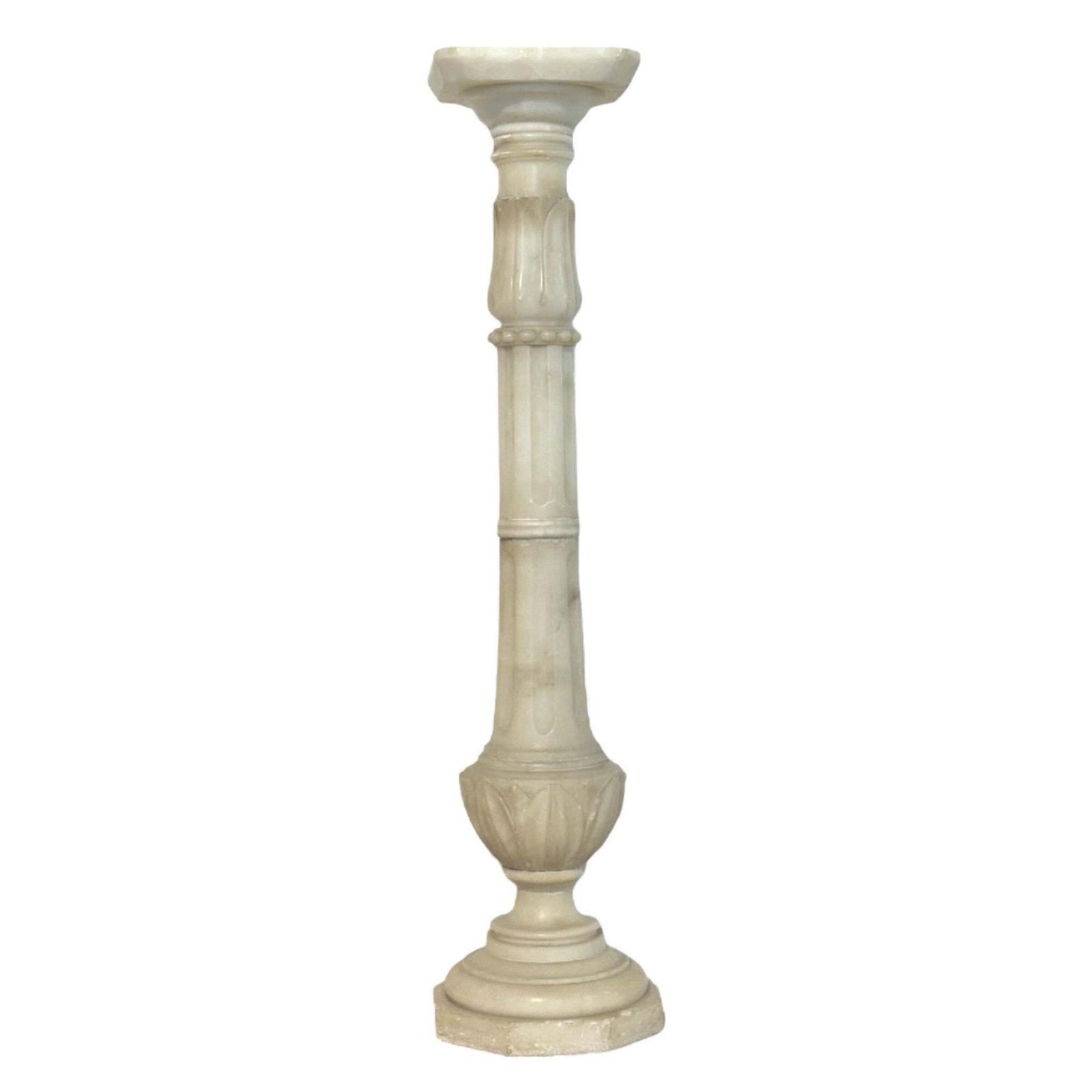 Antique Alabaster Column Pedestal With Carved Motifs