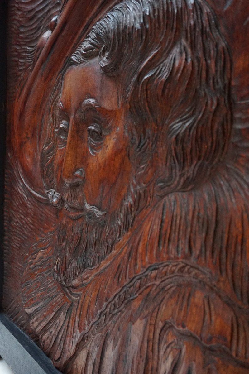 Hand Carved Wooden Bas Relief Portrait Of Peter Paul Rubens, 1950s photo vinterior